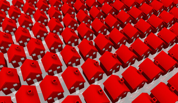 New Houses Homes in Subdivision Neighborhood Suburb Red Buildings Construction 3d Illustration