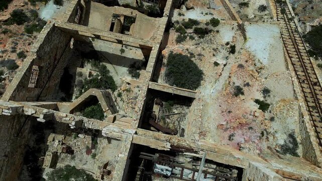Following the flow of the Old Slufur Mines Thiorichia, Milos, Greece, from opening of the mine to processing area. Shot on a 4k at 60 fps on a DJI Mini 3 Pro in Raw Footage (uncolorgraded) D-Log film
