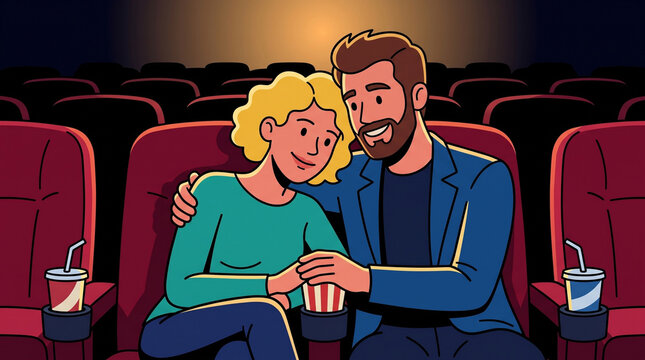 Romantic couple sitting together and sharing popcorn in movie theater flat style illustration