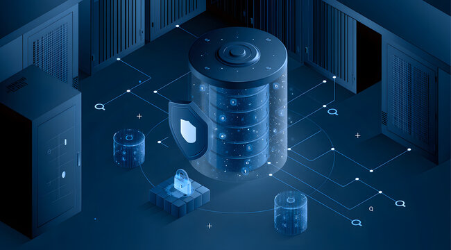 A dark blue server room featuring a glassy database cylinder, shield icon, encrypted data blocks, and a network of query lines, visualizes an AI-focused security strategy centered on database-first pr