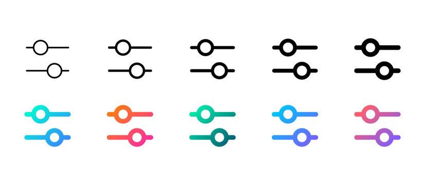 Adjustment controls icon symbol . Set of settings slider icons with adjustable control knobs. Black outline and colorful gradient symbols for filter and preferences UI design. Vector icons.