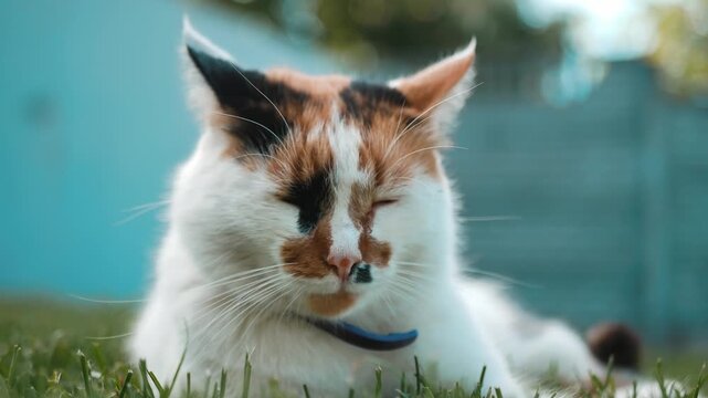 Close-up portrait of a calico cat resting on grass outdoors. The relaxed cat wears a collar and looks toward the camera, with soft natural light and a blurred blue background, creating a serene scene.