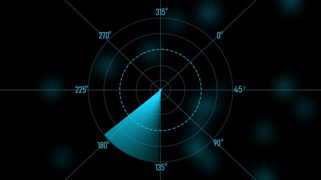 Circular radar screen display with blue scanning beam and degree markers on a dark background with soft out of focus glowing light particles