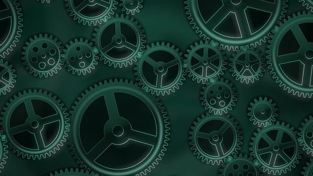 Interlocking Metal Gears Rotating Clockwork Mechanism Background Seamless Loop in cool emerald tones