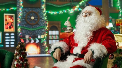 Obraz premium Santa Claus uses augmented reality technology and an AR hologram to read letters and Christmas wish lists sent by children while wearing a festive holiday costume in a modern seasonal scene.