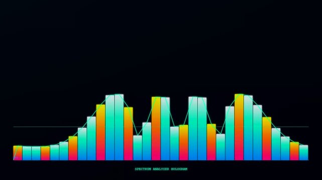 A colorful interactive hologram projection visualizes dynamic audio frequencies using vibrant rainbow equalizer bars that bounce smoothly against a dark black futuristic background.
