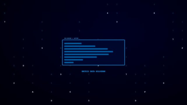 A digital data interface featuring an interactive hologram projection displays moving bar charts and scrolling numeric code sequences against a dark blue futuristic background atmosphere