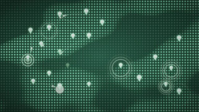 Abstract Dotted World Map with Dropping Location Pins and Pulsing Radar Rings, Global Network Business Background, seamless loop in cool emerald tones