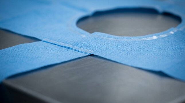 Sterile drape fenestration edge resting flat on the operating table tight detail vignette.