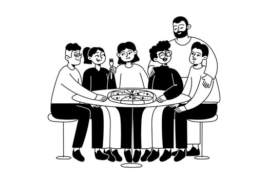 Family Sharing Pizza Table Doodle