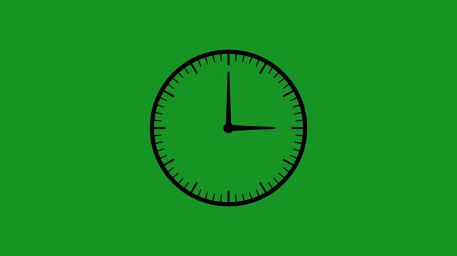 Minimalist analog clock face spinning fast on green screen background, for chroma key, compositing time