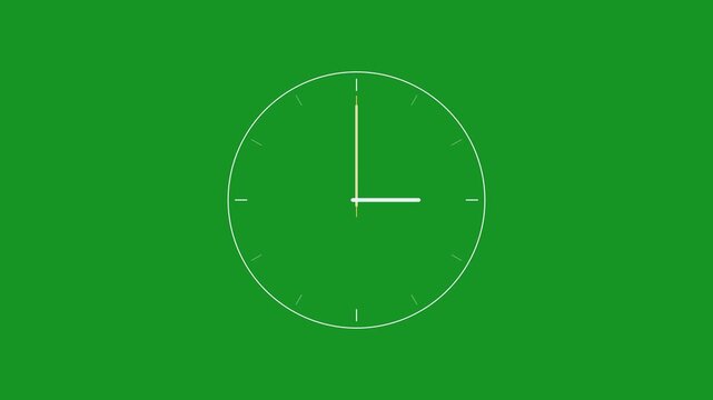 Minimalist analog clock face animation on green screen for easy chroma key compositing time watch timer