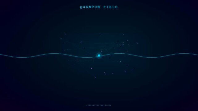 A high tech interactive hologram projection visualizes a dynamic quantum field with oscillating waves and floating particles that demonstrate complex mathematical data and energy flux.