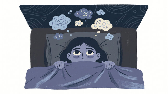 Woman lying awake in bed with overthinking anxiety thoughts
