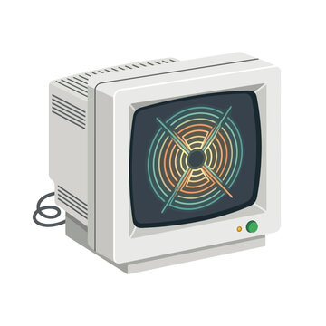 Vintage CRT Monitor Displaying Colorful Spiral Pattern.