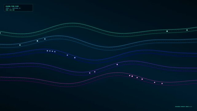 In a complex interactive hologram projection vibrant light particles stream along colorful wavy data lines within a futuristic dark digital interface for advanced analytics.