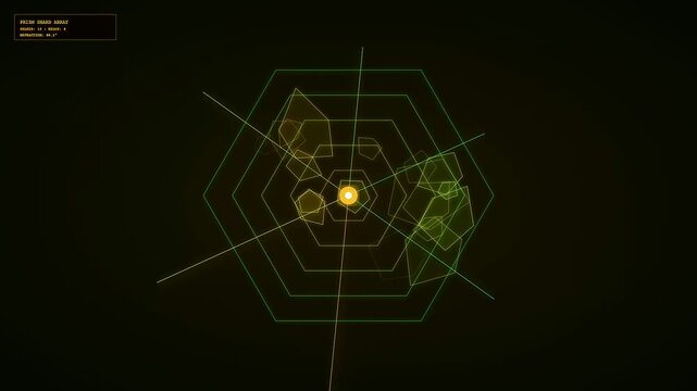 An advanced interactive hologram projection displays complex data visualizations through rotating geometric shards and a pulsing hexagonal grid within a dark high tech digital interface.