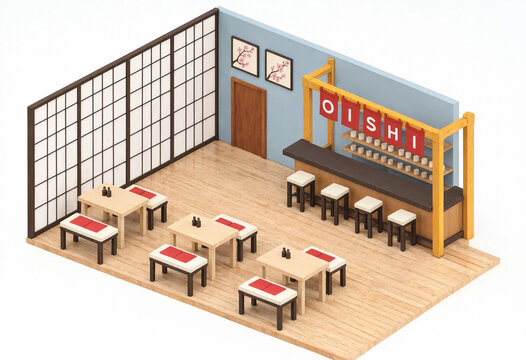 Isometric Japanese Restaurant Interior with Bar Counter and Dining Tables