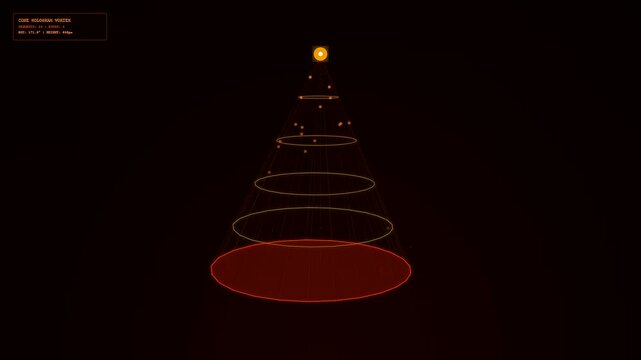 A futuristic display showing an interactive hologram projection allows users to view complex data points through a rotating conical structure with golden light and rings.