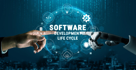 Obraz premium Hands of Human and Robot Touching Symbolizing Collaboration in Software Development Life Cycle with Digital Icons and Futuristic Background Quark.