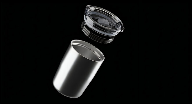Disassembled clear plastic container with threaded lid and base