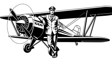 Vintage Pilot Standing Next to a Classic Biplane Illustration © kiki__