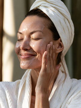 A lady relishes her morning skincare ritual with radiant skin
