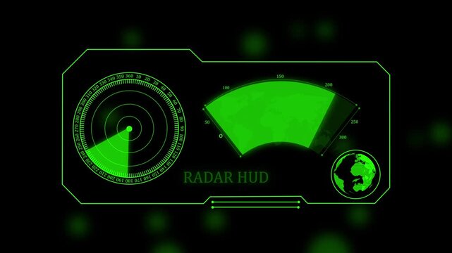 Green radar hud interface with a circular scanner and a map sector display on a dark background with soft glowing light particles in the air