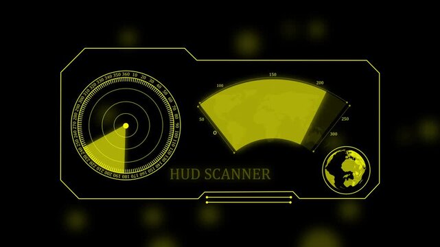 Yellow radar hud interface with a circular scanner and a map sector display on a dark background with soft glowing light particles in the air