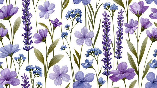 delicate watercolor wildflower pattern with lavender and blue blossoms on white