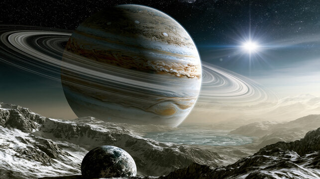 giant ringed planet with icy lake, snow capped mountains and sunlight