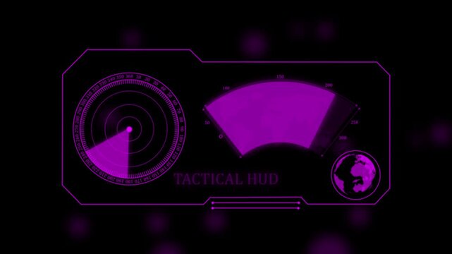 Purple radar hud interface with a circular scanner and a map sector display on a dark background with soft glowing light particles in the air