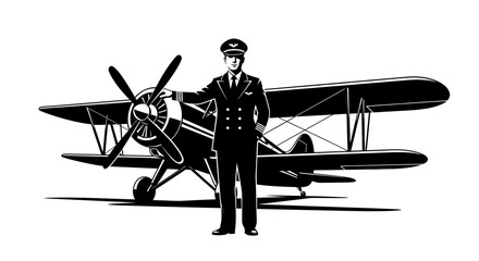 Pilot Standing in Front of Vintage Biplane Aircraft Illustration © kiki__