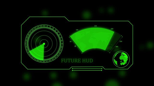 Futuristic green heads up display interface with radar scope and map projection for advanced navigation and tactical data monitoring systems