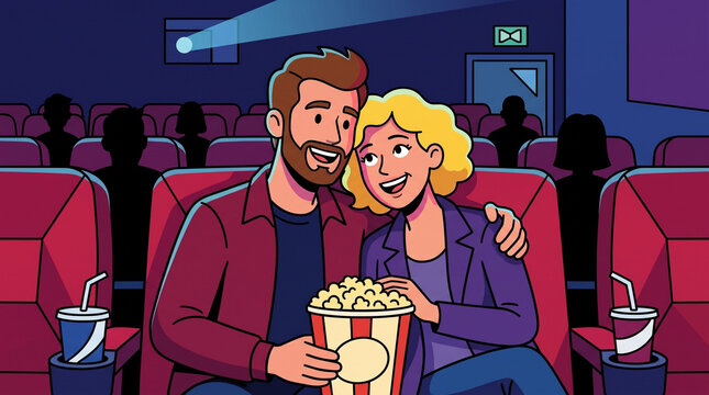 Happy couple sharing popcorn and cuddling in movie theater flat style illustration
