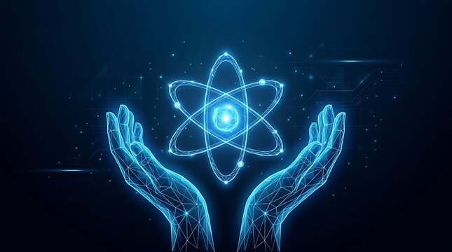 Digital wireframe hands holding a glowing blue neon atom symbol representing scientific innovation and nuclear energy technology