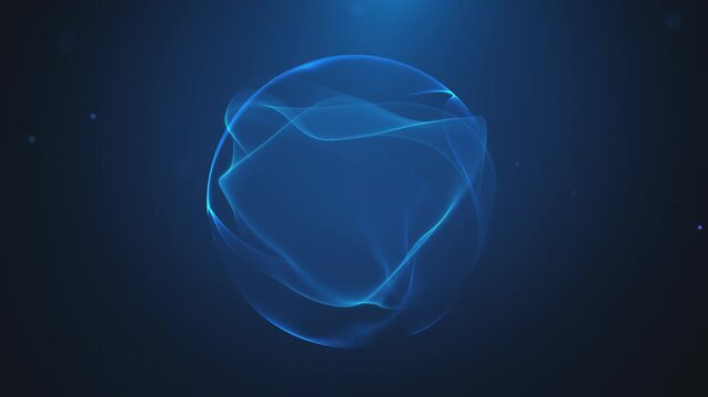 Blue glowing energy sphere of smooth flowing waves on dark background. Futuristic digital orb with luminous ribbon patterns and soft bokeh light particles. Abstract sci-fi core, seamless 4K loop.
