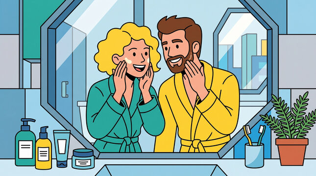 Happy couple applying skincare lotion looking into bathroom mirror flat style illustration