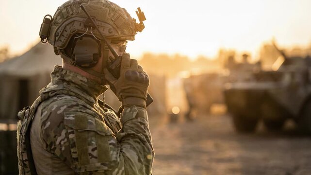 A soldier is using a radio to communicate as the sun sets over the military camp. Armored vehicles are parked in the background as the day ends