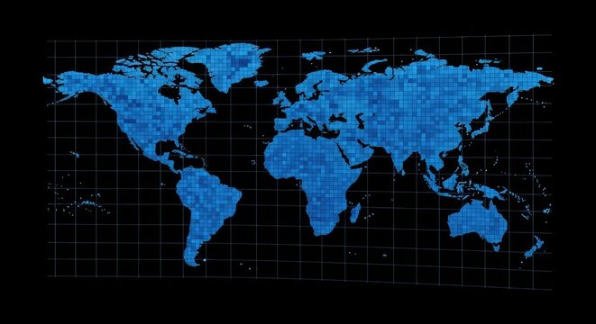 Blue pixelated world map with grid on black background