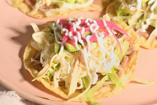Close-up of Mexican street food tostada on a pink plate
