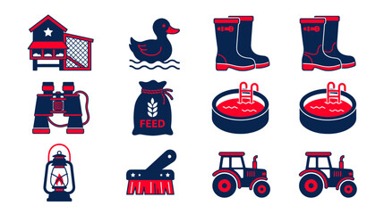 Farm Icons Set: Chicken Coop, Duck, Boots, Binoculars, Feed Bag © Macan