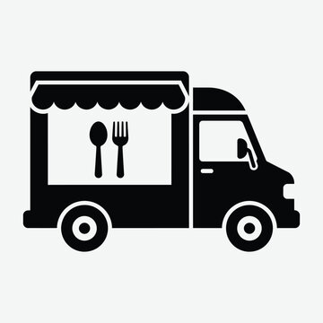 Black and white vector icon of a food truck with spoon and fork silhouette for catering services