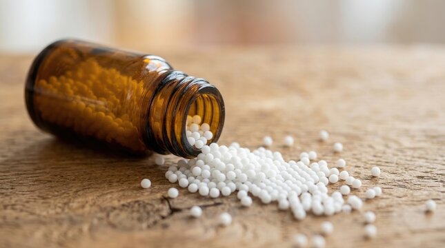 Small white homeopathic pellets are scattered from an amber bottle on a rustic wooden table. Perfect for alternative medicine, wellness, or natural health content.