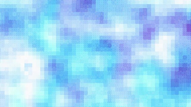 Abstract blue geometric pixelated loop background with grid of shifting dots and transparent overlapping elements in motion