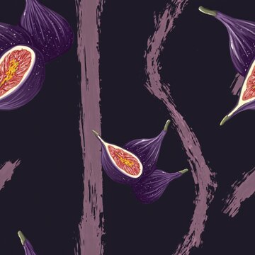 Pattern design featuring ripe figs on a dark background with swirling lines
