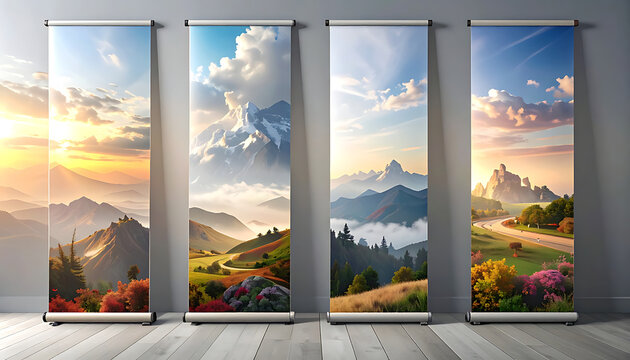 Four scenic vertical banners display majestic mountain landscapes at sunrise and sunset, digital art, serene nature views