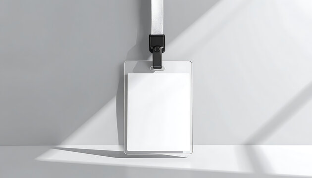 Blank white identification badge on a lanyard hanging against a light grey wall with geometric shadows, security pass mockup