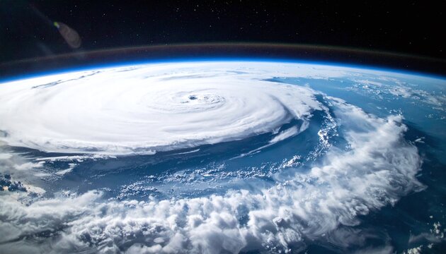 A breathtaking view of a massive hurricane spinning over the blue ocean from space, showcasing natures immense power. Nobody is present in this aweinspiring planetary scene.