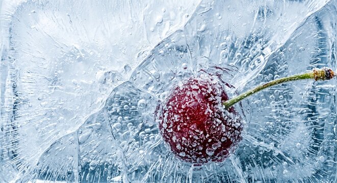 Close up macro of a fresh red cherry frozen inside a clear ice block with air bubbles